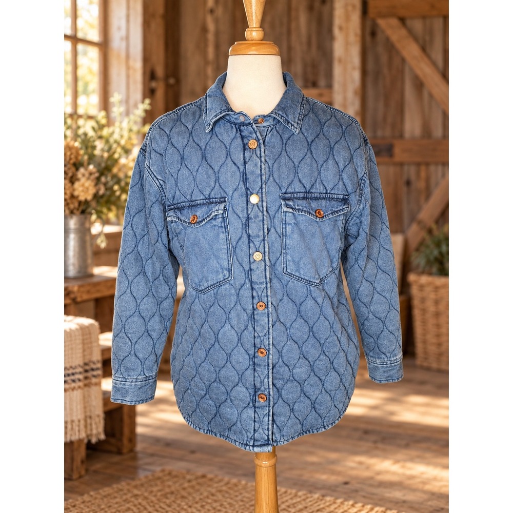 Pepe Jeans Quilted Denim Chore Shirt Blue Oversized Lined 90s Style Jacket L/G